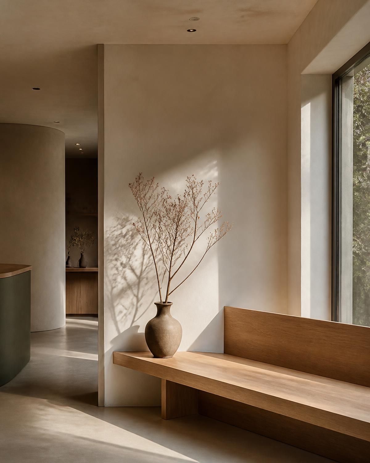 A quiet clinic entrance with an oak bench and soft afternoon light