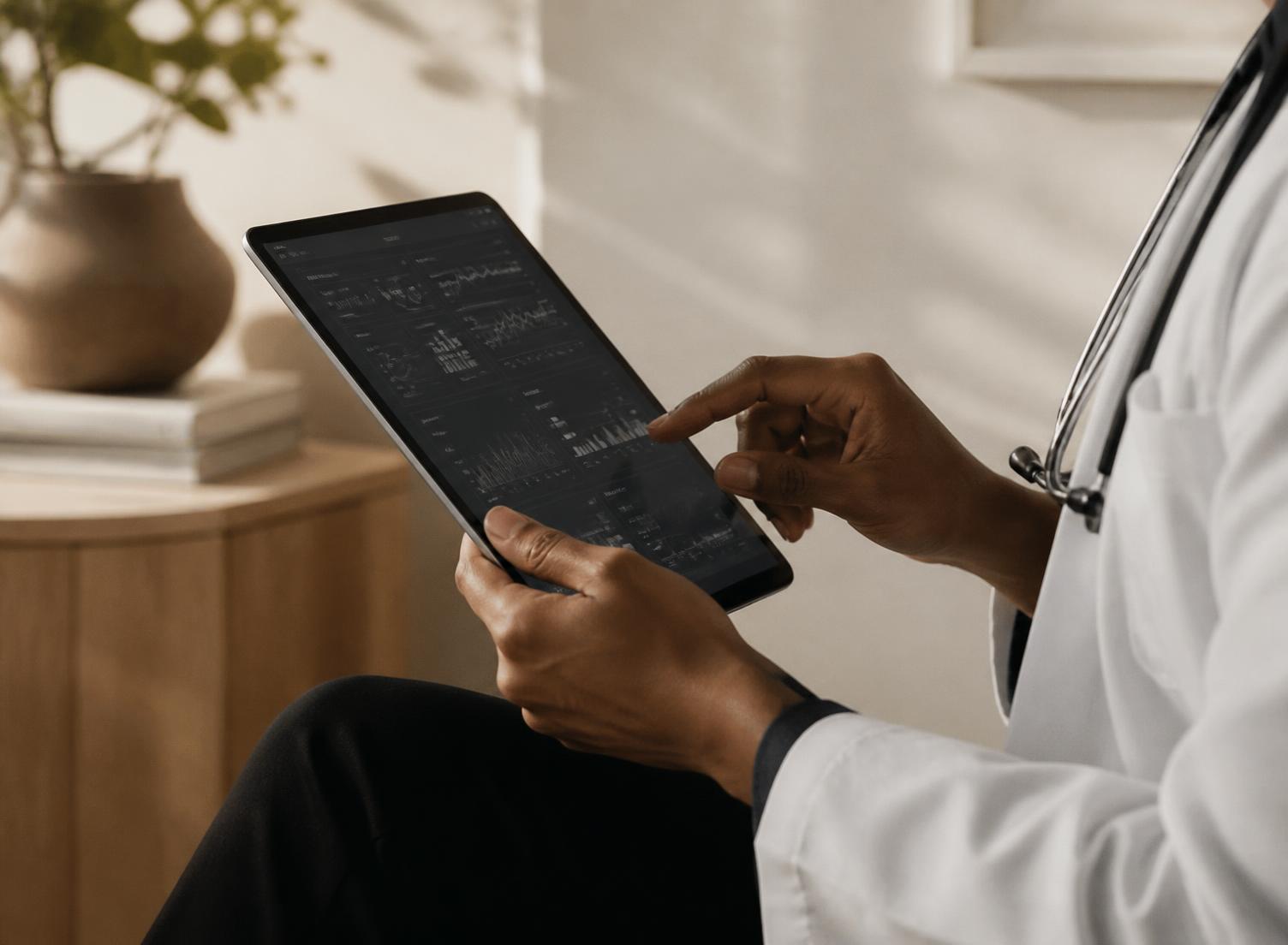 A clinician reviewing health data on a tablet in a warm, minimal room