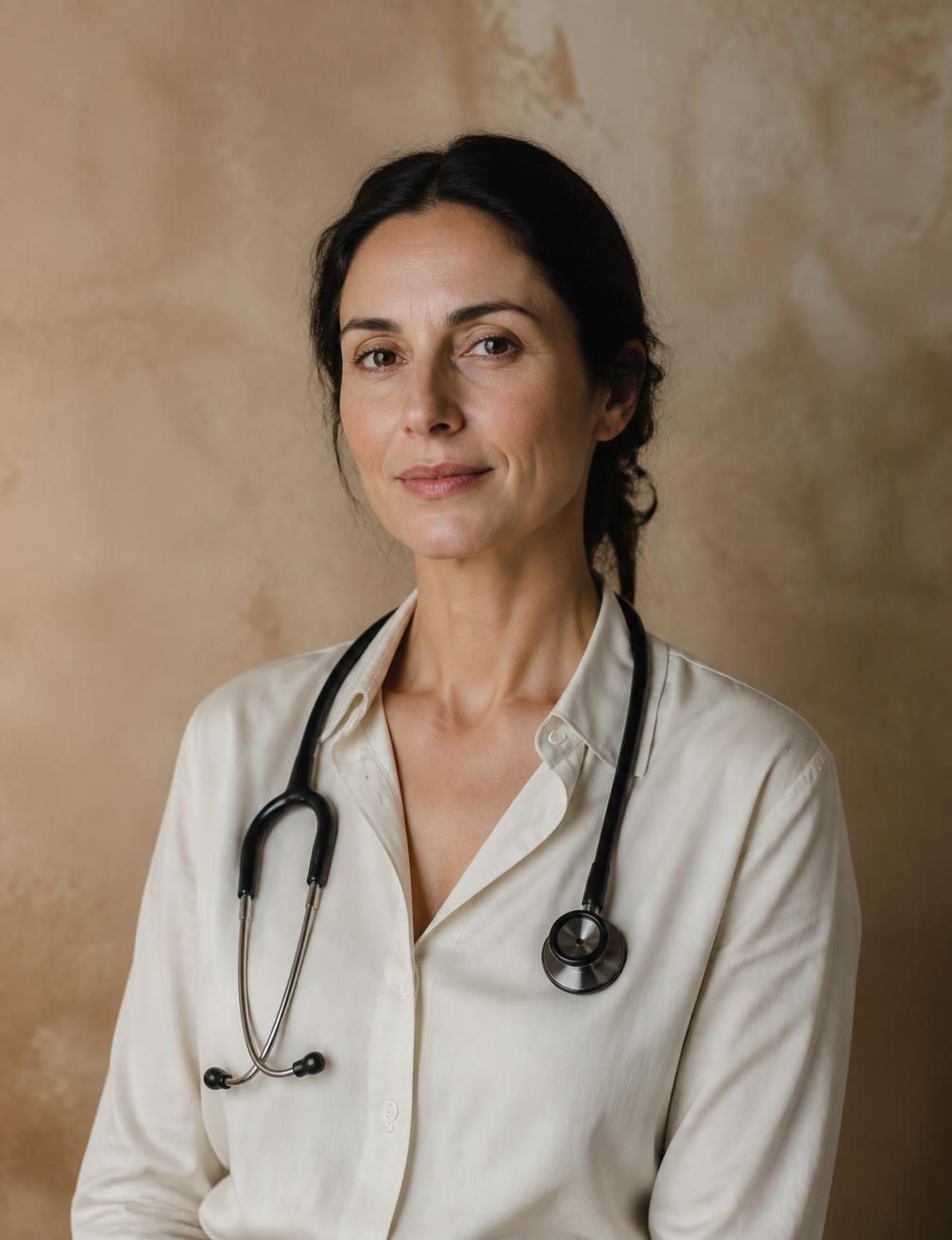 Editorial portrait of Dr. Amelia Hart in a cream shirt against a warm plaster wall