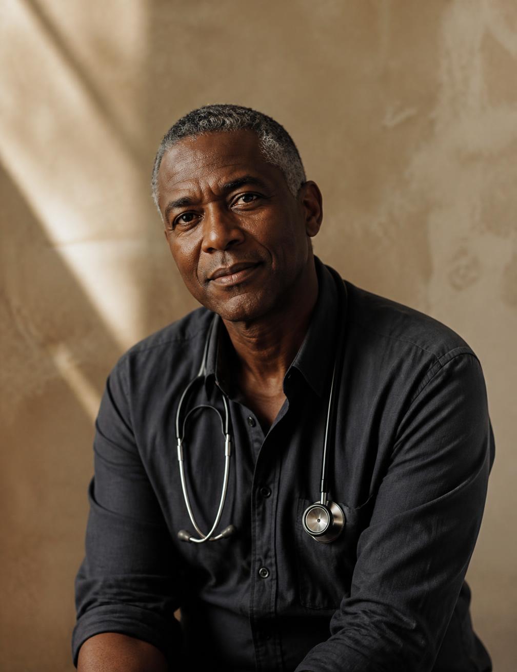 Editorial portrait of Dr. Julian Reyes in a charcoal shirt against a warm plaster wall