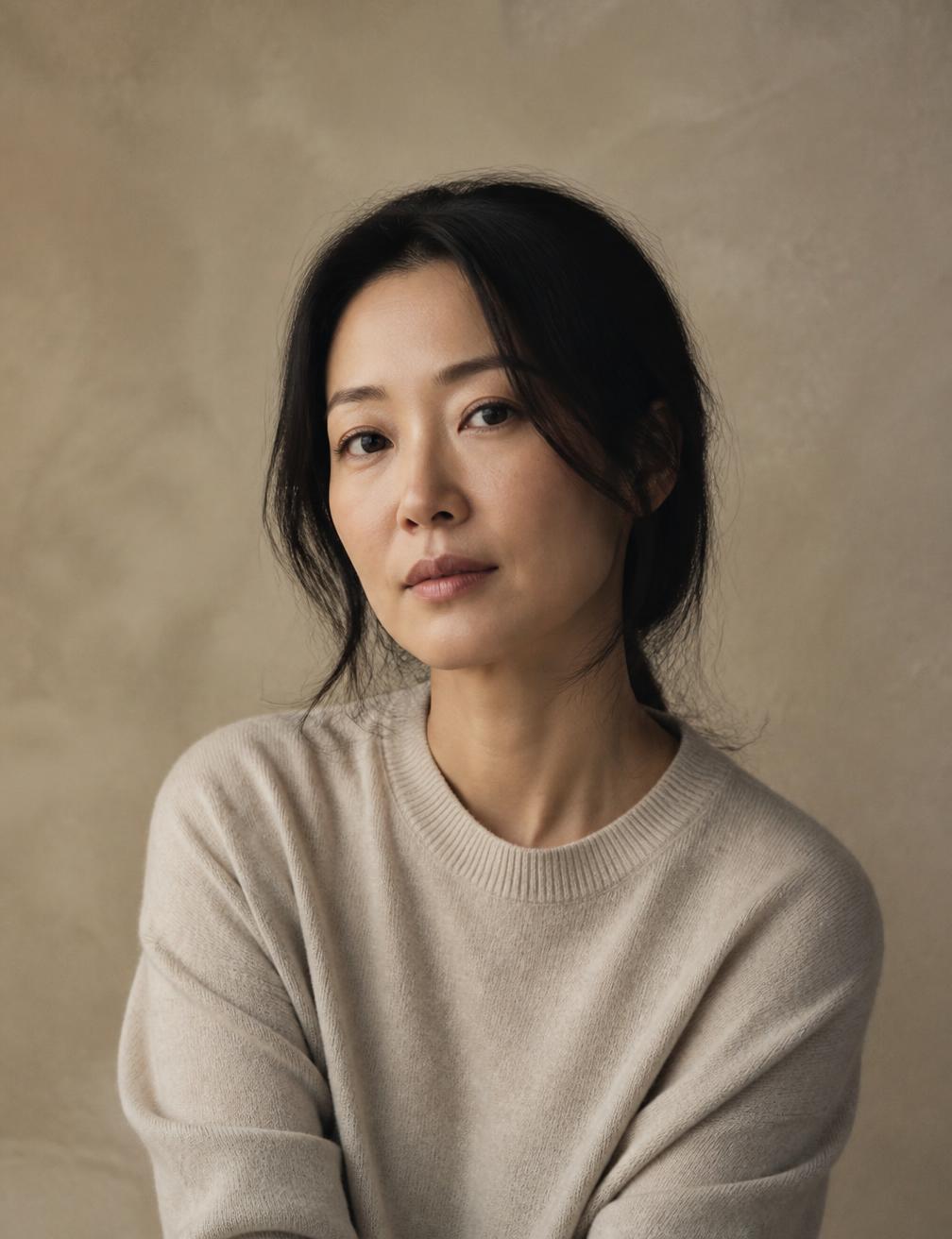 Editorial portrait of Dr. Naomi Sato in an oatmeal knit against a warm plaster wall