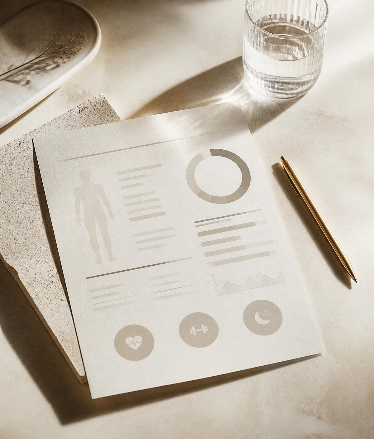 A printed health assessment summary on a desk in warm daylight