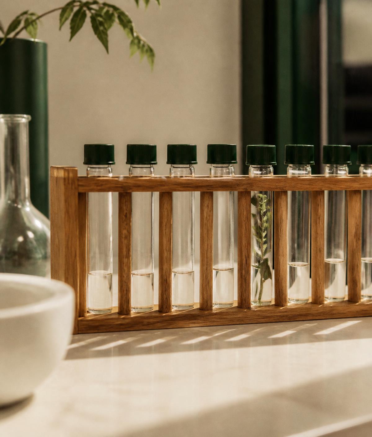 Glass sample vials in an oak rack on a clinic bench in soft daylight