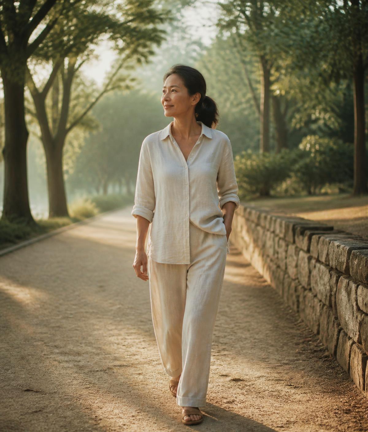 A person walking calmly along a tree-lined path in early morning light
