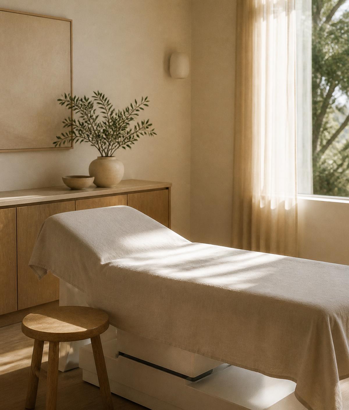 A calm, light-filled examination room with linen and oak furnishings